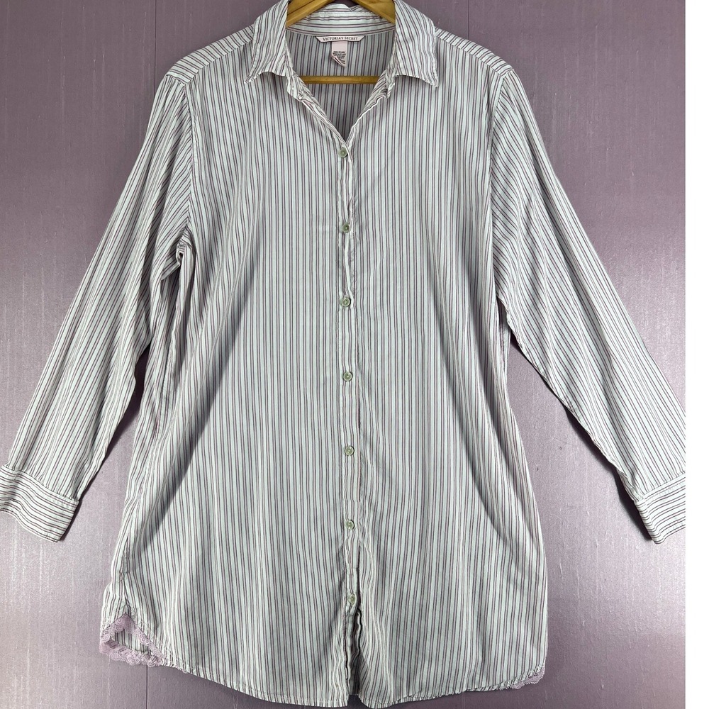 Victoria's Secret Sleep Shirt Pink Stripe Lace Trim Button Down Nightgown Large